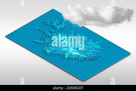 Satellitenansicht von Island, Karte. Wolken und Schnee, jährliche Niederschläge. 3d-Rendering. Wetter. Teil der Insel. Reykjavik Stockfoto