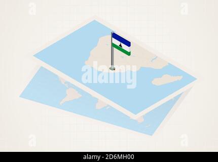 Lesotho auf Karte mit 3D-Flagge von Lesotho ausgewählt. Vektor-Papierkarte. Stock Vektor