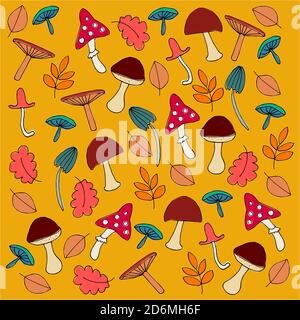 Herbsthintergrund mit Pilzen und Blättern. Herbstmuster mit Pilzen und Blättern. Farbenfrohes Muster. Herbstillustration. Von Hand gezeichnet. Stock Vektor