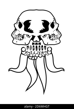 Totenkopf Qualle, Kreatur in der Phantasie, Tattoo oder Druck auf T-Shirt isoliert auf weiß. vektor-Illustration. Stock Vektor