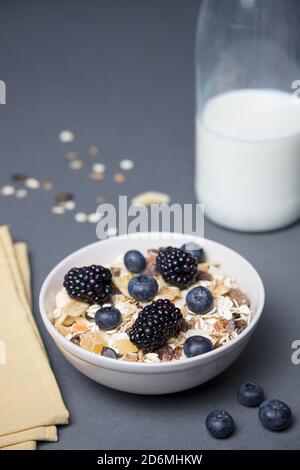 Gesundes Frühstück. Schüssel mit Müsli, Obst und Milch Stockfoto