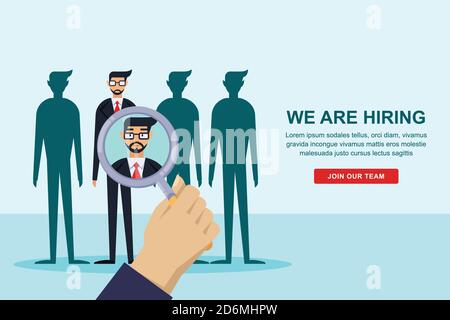 Interviewkonzept Personalwesen. Vorlage für die Gestaltung von Werbebannern oder Postern. Angestellter Kandidat für die Vakanz, Vektor flach illustrati Stock Vektor