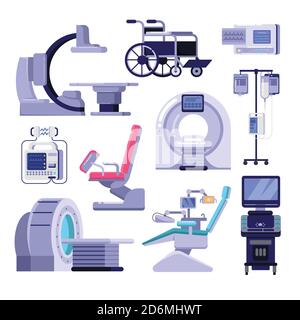 Medizinische Diagnose- und Untersuchungsgeräte. Vektor-Illustration von MRI-Scanner, Gynäkologie und Zahnarztstuhl, Rollstuhl, Bluttransfusion, Kardiog Stock Vektor