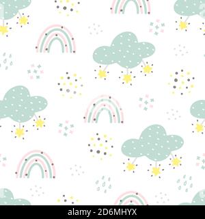 Nahtloses Muster im skandinavischen Stil mit Wolken, Regentropfen, Sternen und abstrakten Elementen. Pastell Farben Hand gezeichnet niedlich kindisch nahtlose Muster für Stock Vektor