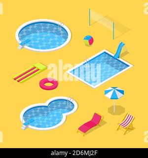 Outdoor-Swimmingpool und Wasserpark Vektor 3d isometrische Symbole und Design-Elemente gesetzt. Sonnenschirm, Wasserrutschen, aufblasbares Spielzeug und Strandliegen longu Stock Vektor