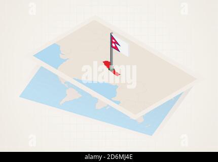 Nepal auf der Karte ausgewählt mit isometrischer Flagge Nepals. Vektor-Papierkarte. Stock Vektor