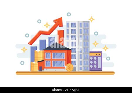 Immobilieninvestition und Hypothek Geschäftskonzept. Immobilien, Häuschen und Wolkenkratzer. Vektor flach isolierte Illustration. Stock Vektor