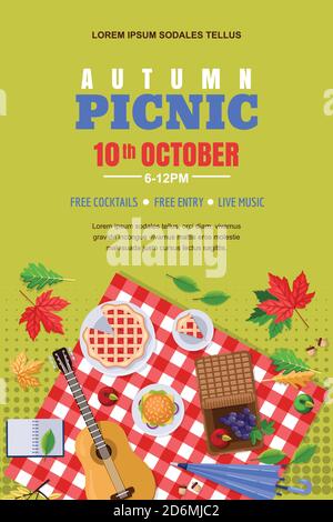 Herbstpicknick, Vektor-Poster, Banner-Layout. Herbstlandschaft, Blätter und Futter auf rot kariertem Karomoniertes Karomoniertes, Abbildung oben. Draußen Wochenende und danke Stock Vektor