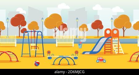 Stadt Herbst Park mit Kindergarten Kinder Spielplatz. Vektor horizontal nahtloser Hintergrund. Stadtleben, Freizeit und Outdoor-Aktivitäten Illustration. Fa Stock Vektor