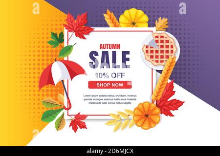 Herbst saisonalen Verkauf Vektor-Banner, Poster Vorlage. Weißer quadratischer Rahmen Hintergrund mit Herbsternte, Nahrung, Zubehör und Blätter. Stock Vektor