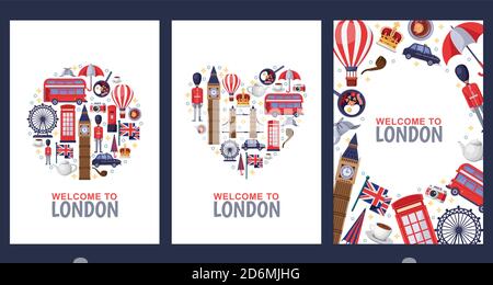 Willkommen bei London Grußkarten, Print oder Poster Design Vorlage. Reise nach Großbritannien flache Illustration. Kreis, Herzformen und Rahmen Stock Vektor