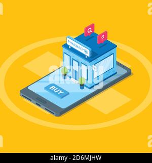 Online-Drogeriemarkt, Vektor 3d isometrische Illustration. Apothekengebäude auf Smartphone-Bildschirm, flache Abbildung. Medizin und Gesundheitswesen mobile AP Stock Vektor