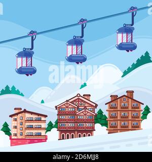 Winter Ski Resort Vektor-Illustration. Hölzerne Hotelhäuser, Schneelandschaft und Seilbahnkabinen. Winterurlaub und Urlaub. Stock Vektor