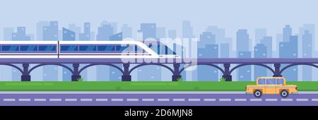 Moderner Hochgeschwindigkeitszug auf Eisenbahnbrücke. Eisenbahn-Personenverkehr, Vektor-Illustration. Eisenbahn Reise- und Reisekonzept. Stock Vektor