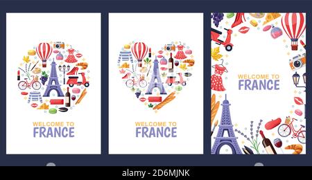 Willkommen in Frankreich Grußkarten, Print oder Poster Design Vorlage. Reise nach Paris flache Illustration. Kreis, Herz Formen und Rahmen backgrou Stock Vektor