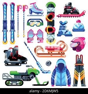Wintersport Ausrüstung, Kleidung und Accessoires. Symbole und isolierte Designelemente. Freizeitangebote im Freien. Vektorgrafik. Stock Vektor