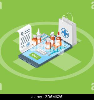 Online-Drogeriemarkt, Vektor 3d isometrische Illustration. Pillen, Medikamente, Flaschen, Rezept auf dem Smartphone-Bildschirm. Flache Abbildung. Apotheke mobile App c Stock Vektor
