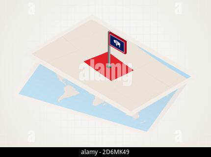 Wyoming Staat auf der Karte ausgewählt mit isometrischer Flagge von Wyoming. Vektor-Papierkarte. Stock Vektor