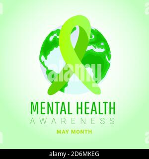 Welttag der psychischen Gesundheit Konzept. Grünes Awareness-Band mit Weltkarte auf grünem Hintergrund Stock Vektor