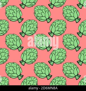 Grüne Artischocke, Nahtloses Muster auf dunkelorangenen Hintergrund. Stock Vektor