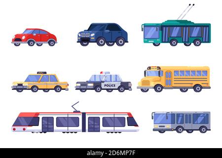 Kommunale Stadt öffentlichen und persönlichen Transport-Set. Vektorgrafik flach Fahrzeug Abbildung. Bunte moderne Auto, Straßenbahn, Bus, Trolleybus, Zug isoliert auf whit Stock Vektor