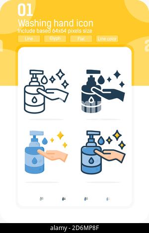 Händewaschen mit Desinfektionsmittel Flüssigseife Icon-Set mit mehreren Stil isoliert auf weißem Hintergrund. Vektor-Icon-Design für Grafik, Web-Design, Apps Stock Vektor