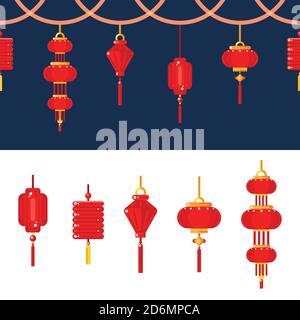 Chinesische Laterne Symbole gesetzt. Vektor nahtlose horizontale Grenze mit roten Lampen auf Nachthintergrund. Traditionelle China Urlaub und Festival Dekoration. Stock Vektor