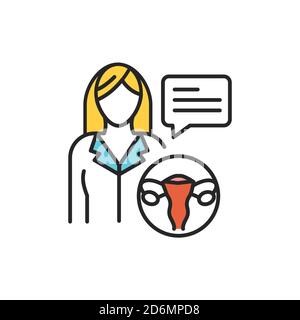 Konsultation mit Arzt Gynäkologen Linie Farbe Symbol. Untersuchung des weiblichen Fortpflanzungssystems. Registrieren Sie sich für Webseite, mobile App, Schaltfläche, Logo Stock Vektor