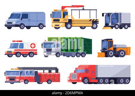 Kommunale Stadt Straßentransport und Maschinen Ausrüstung Set. Vektorgrafik flach Fahrzeug Abbildung. Abschleppwagen, Fegen, Maschine, Schneefräse isoliert auf whit Stock Vektor