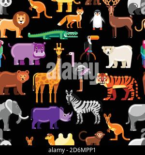 Wild exotic animals on black background. Vector seamless pattern. Colorful zoo or safari flat illustration. Stock Vektor