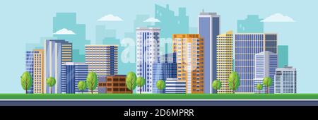 Große, moderne Stadt-Illustration. Vektor-Stadtbild-Hintergrund. Städtische Gebäude, Wolkenkratzer des Geschäftsviertels in der Innenstadt Stock Vektor