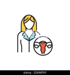 Farbsymbol für Gynäkologen in der Geburtshilfe. Untersuchung des weiblichen Fortpflanzungssystems. Registrieren Sie sich für Webseite, mobile App, Schaltfläche, Logo. Stock Vektor