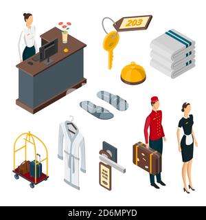Hotel Services Vektor 3d isometrische Symbole und Design-Elemente gesetzt. Personal, Duschzubehör, Gepäck, Privatsphäre im Hotelzimmer und Sicherheitselemente. Stock Vektor