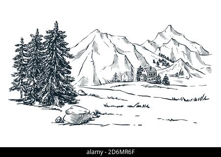 Berge, Fichten und Kiefern Landschaft, Vektor Skizze Illustration. Handgezeichnete Winterhügel und Wald. Reise, Outdoor-Wanderkonzept. Stock Vektor