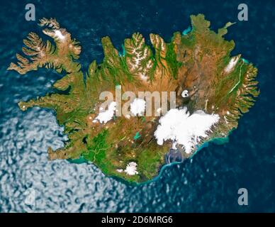 Satellitenansicht von Island, Karte. Gletscher und Fjorde von oben gesehen. 3d-Rendering. Reykjavik. Element dieses Bildes wird von der NASA eingerichtet Stockfoto