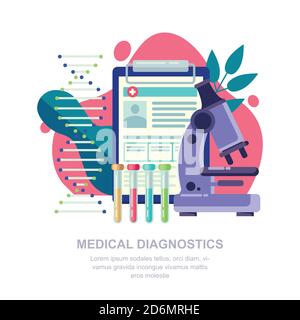 Medizinisches Diagnosekonzept. Laborforschung, DNA und Blutprobe Vektor flache Illustration. Stock Vektor