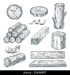 Holzstämme, Stamm und Planken, Vektor-Skizzendarstellung. Handgezeichnete Holzmaterialien. Brennholz-Set. Stock Vektor