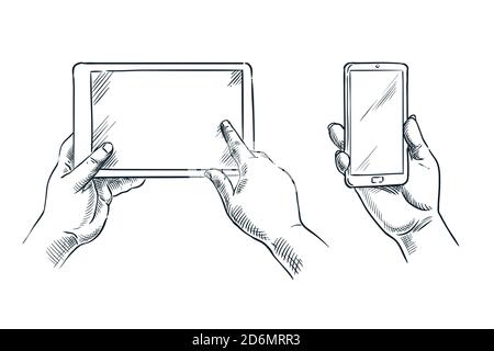 Menschliche Hände halten Smartphone und Tablet, Vektor Skizze Illustration isoliert auf weißem Hintergrund. Mobiltelefon leerer weißer Bildschirm. Geschäftliche Kommunikation Stock Vektor