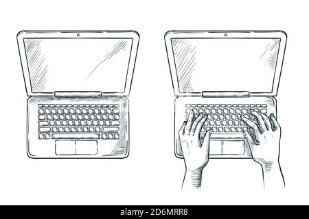 Menschliche Hände auf Laptop-Tastatur, Vektor-Skizze Illustration. Leerer Bildschirm des Computers in der Draufsicht. Freiberuflicher Job, Programmierung und Entwicklungskonzept. Stock Vektor