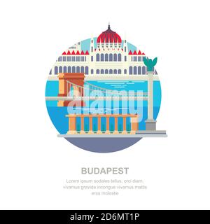 Reise nach Ungarn Vektor-flache Illustration. Budapester Stadtsymbole und touristische Sehenswürdigkeiten. Stadtbau-Ikonen und Designelemente. Stock Vektor