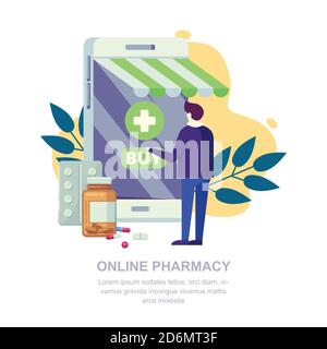 Online-Apotheke speichern, Vektor flache Abbildung. Mann und Drogerie auf Smartphone-Bildschirm. Mobile App-Konzept Medizin und Gesundheitswesen. Stock Vektor