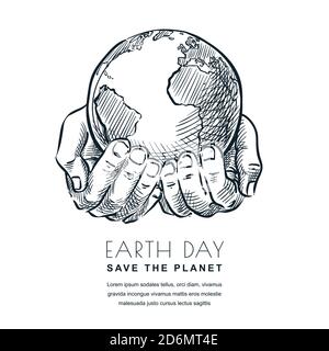 Earth Day Vektorskizze isolierte Illustration. Hände halten den Planeten Erde. Banner oder Poster Design-Vorlage für ökologische Themen Stock Vektor