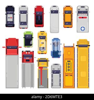 Symbole für den Stadtverkehr eingestellt. Abbildung von oben. Vector flaches Fahrzeug isoliert auf weißem Hintergrund. Stock Vektor