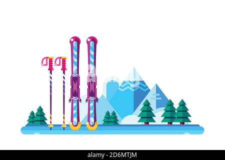 Winter Ski Resort Vektor Hintergrund. Schnee Berge Landschaft und bunte Skiausrüstung, isoliert flache Illustration. Stock Vektor