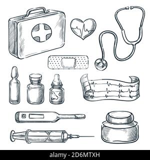 Erste-Hilfe-Set Vektorgrafik. Medizin und Gesundheitswesen handgezeichnete Symbole und Designelemente. Stock Vektor