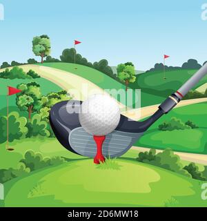 Golfschläger und Ball auf grünem Golfplatz, Vektorgrafik. Sommer Landschaft Cartoon Hintergrund. Stock Vektor