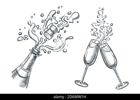 Explosion Champagnerflasche und zwei Gläser mit Splash Drinks. Skizzenvektordarstellung. Handgezeichnete Design-Elemente für Feiertagsfeiern. Stock Vektor