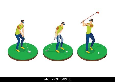 Mann spielt Golf, Vektor 3d isometrische Illustration. Golf Schaukel Bühnen, isolierte Design-Elemente. Konzept für Freizeitaktivitäten im Freien. Stock Vektor