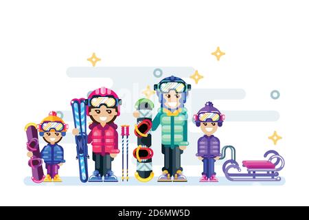 Glückliche Familie isoliert Winter Illustration. Die Menschen machen Wintersport, Ski und Snowboarden. Vektor-Grafik im flachen Stil. Wochenend-Freizeit im Freien Konz Stock Vektor