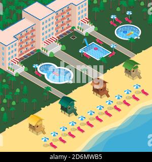 Hotel Resort Vektor 3d isometrische Illustration. Moderne Gebäude, Swimmingpool, tropischer Garten, Bungalows am Meer. Sommer Vcation und Urlaub Reise Stock Vektor